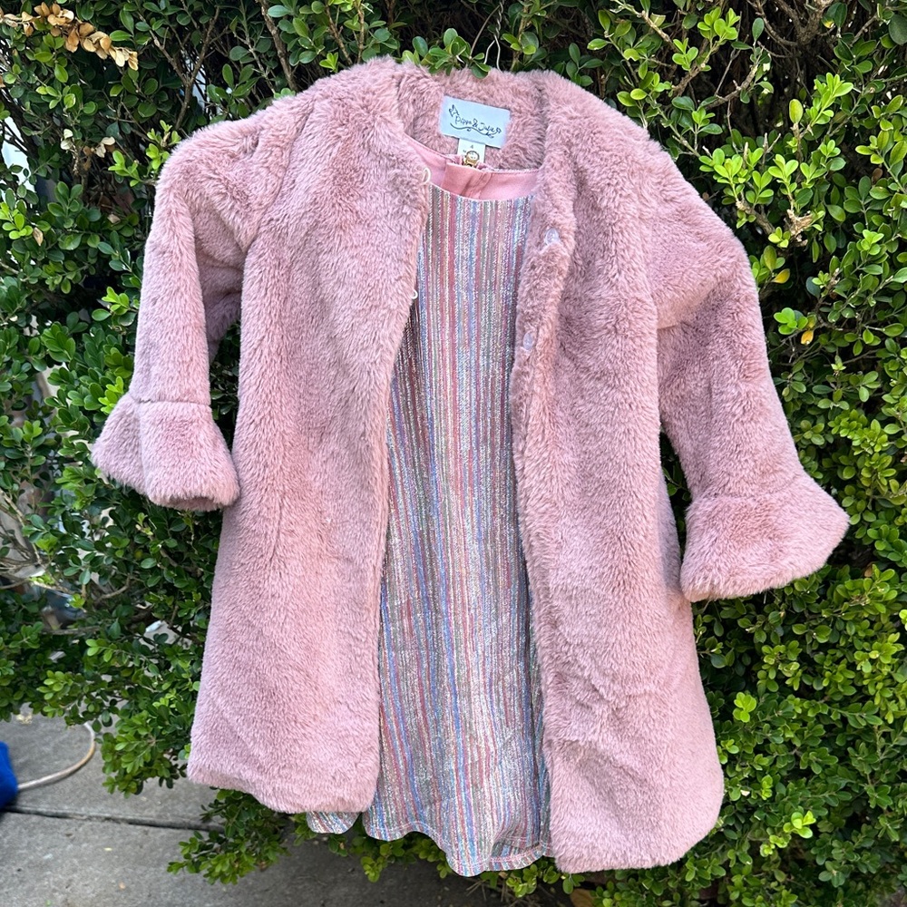 Pippa & Julie Pink Faux Fur Coat with Striped Dress